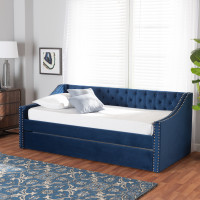 Baxton Studio CF9228 -Navy Blue Velvet-Daybed-TT Baxton Studio Raphael Modern and Contemporary Navy Blue Velvet Fabric Upholstered Twin Size Daybed with Trundle